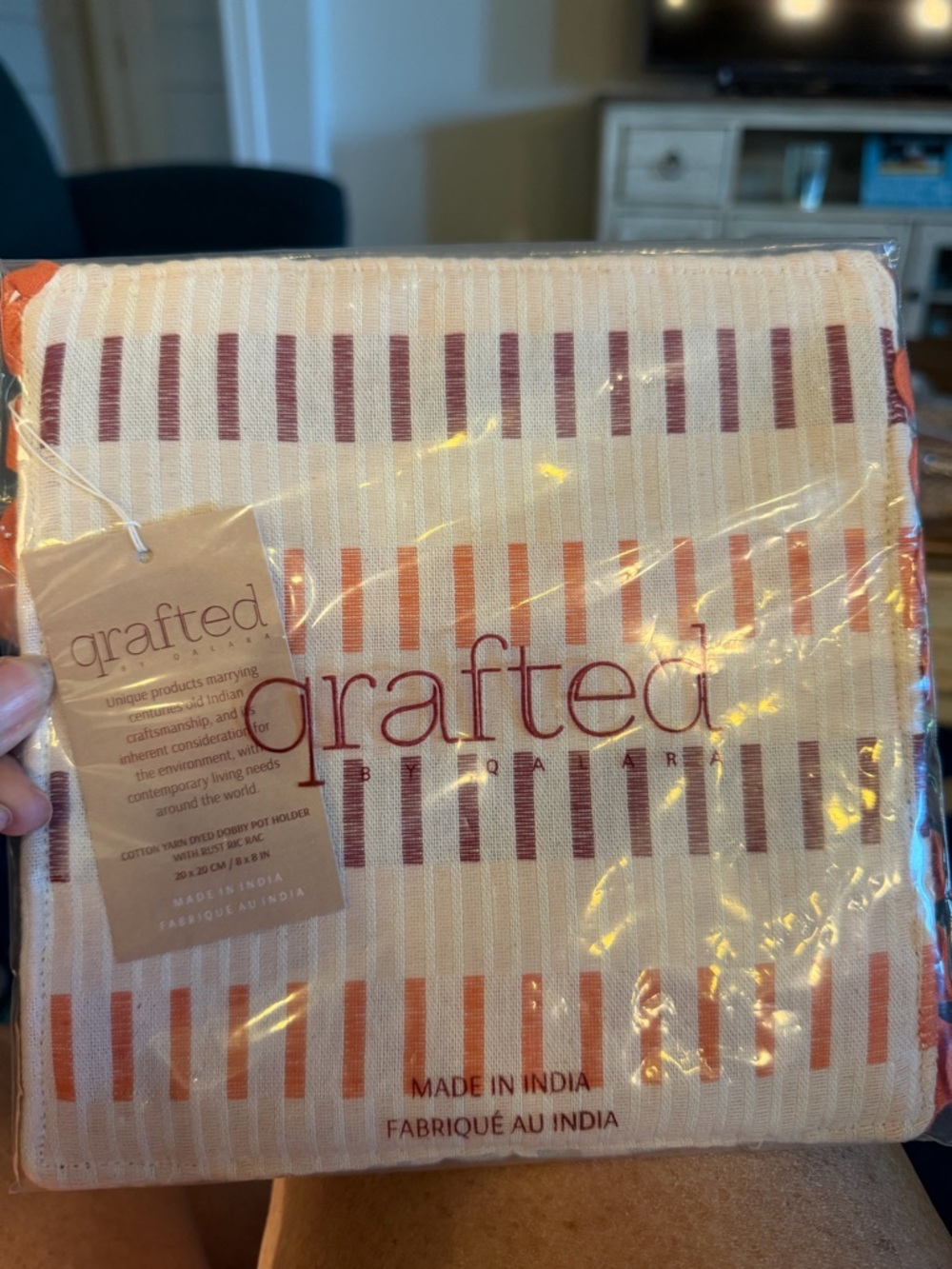 Qrafted by Qalara Gather & Bloom  Striped Cotton Pot Holder - Orange & Maroon